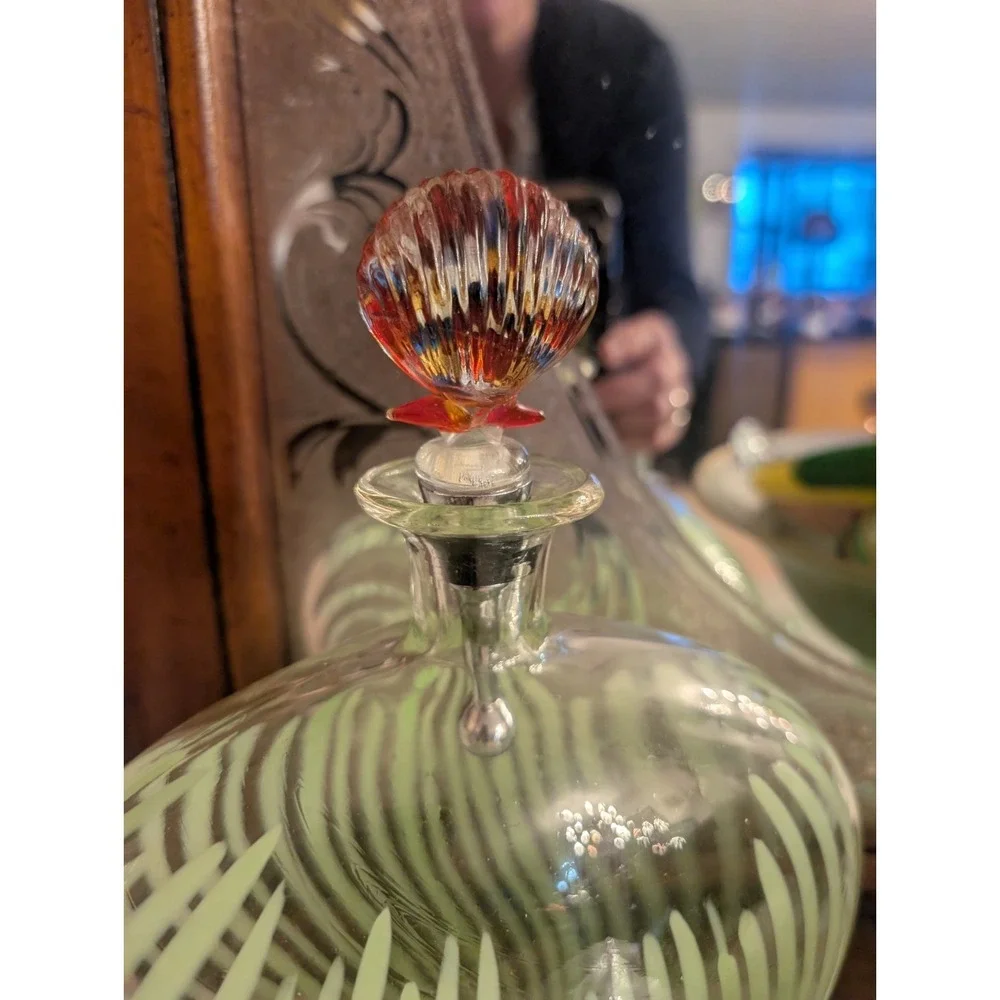 Retired Pier 1 Glass Vase W/ Green Stripes & Pier 1 Blown Glass Shell Stopper